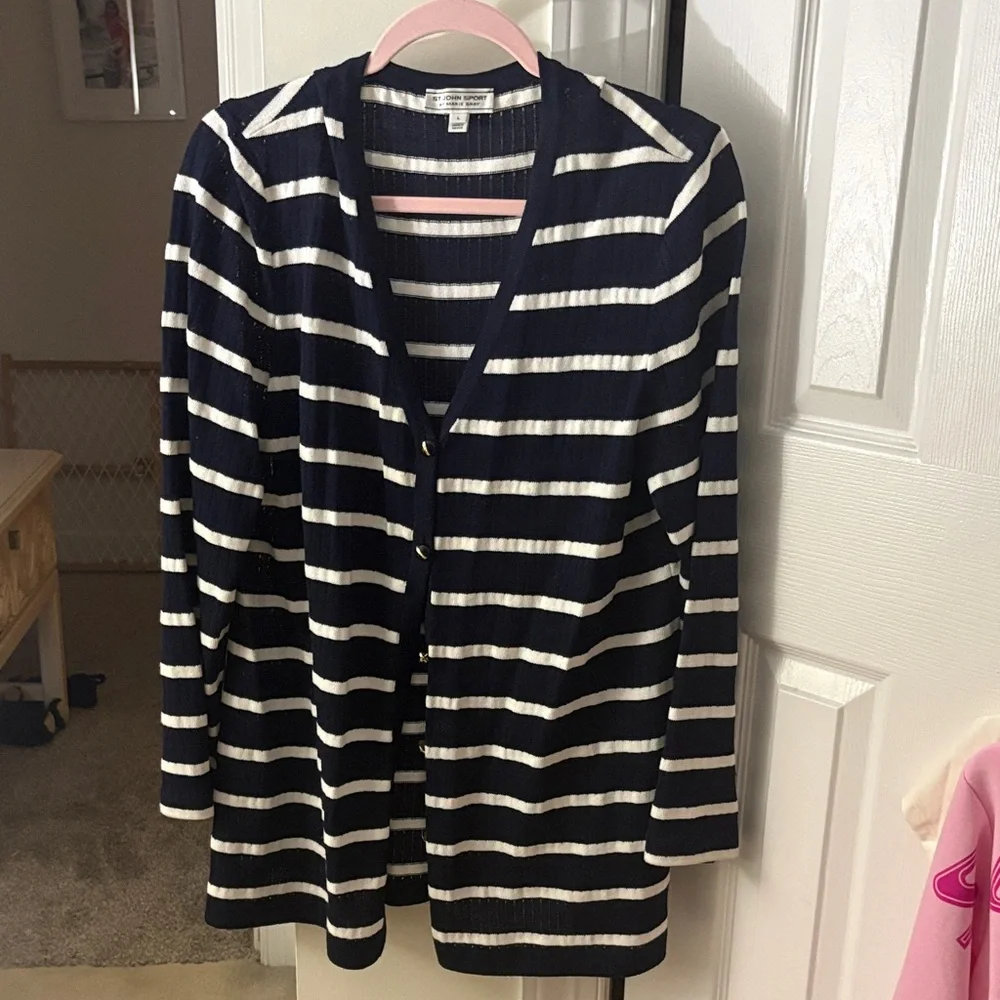 St. John Navy and White Striped Cardigan - Picture 1 of 5